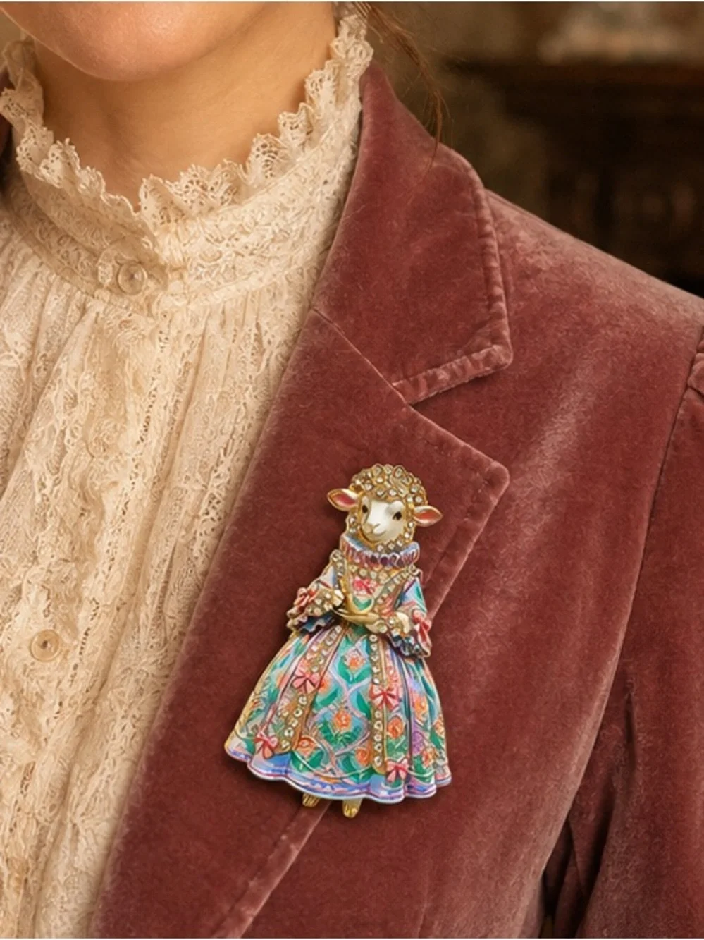 Victorian Sheep Lady Floral TeaLover Brooch